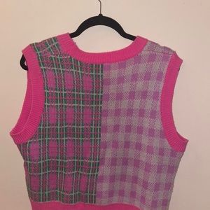 Fabric blocked pink and green sweater vest.